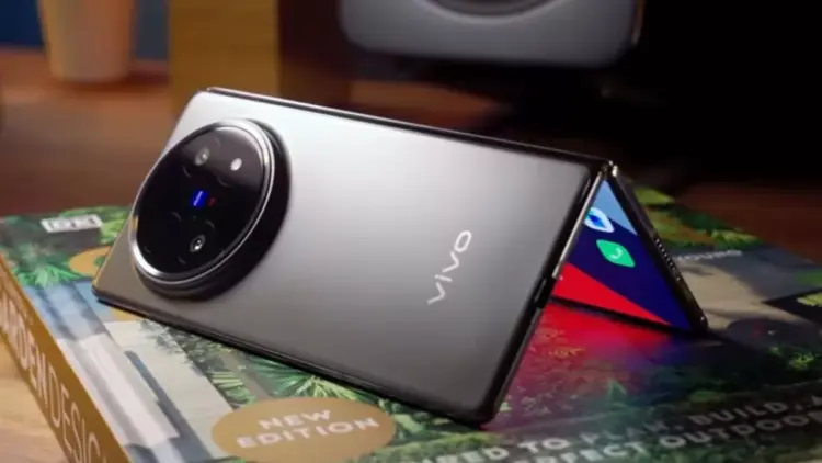 Vivo X Fold 6 dalam posisi setengah terlipat menunjukkan ketipisan bodinya.