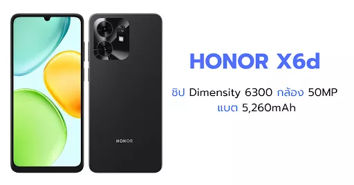 Infografis spesifikasi Honor X6d yang menggunakan chipset Dimensity 6300, kamera 50MP, dan baterai 5.260mAh.