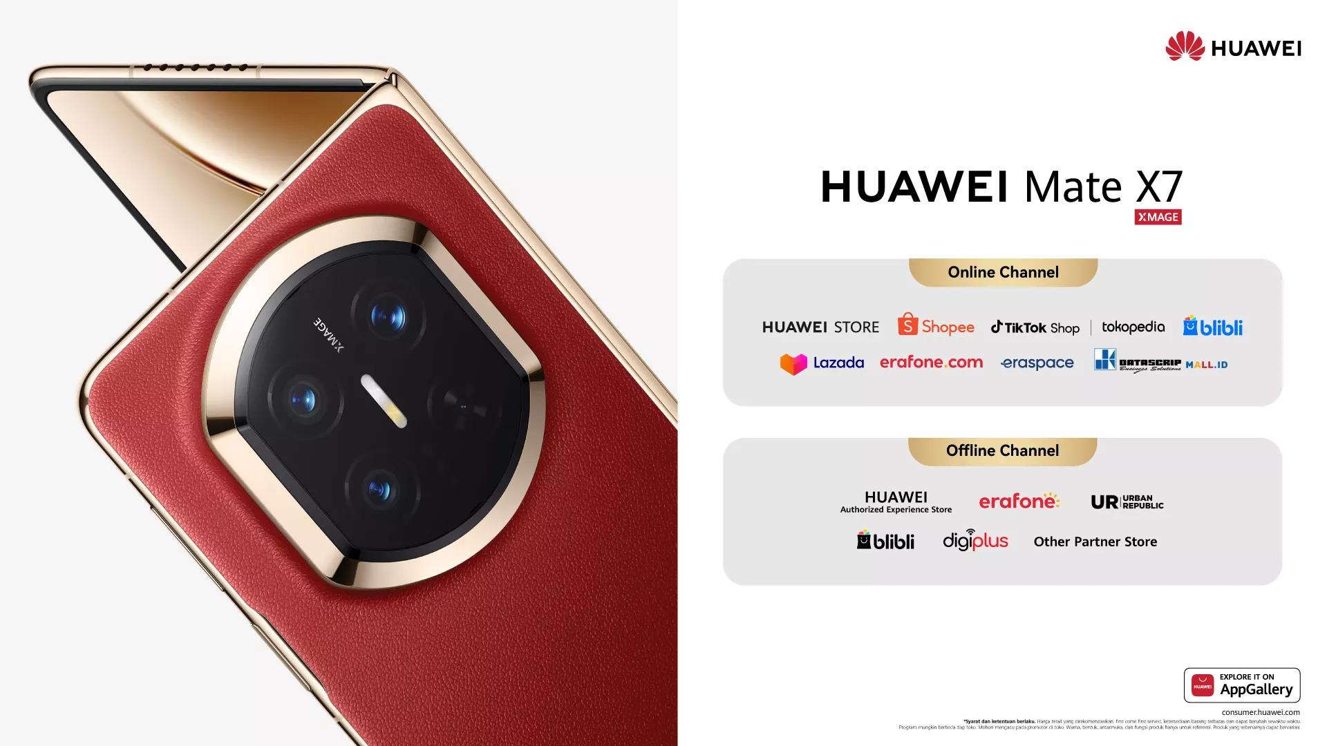Mekanisme engsel presisi pada bodi samping HUAWEI Mate X7 yang ramping.