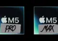 Ilustrasi logo chip Apple M5 Pro dan M5 Max dengan aksen label tempel di atas latar belakang gelap.