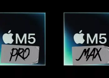 Ilustrasi logo chip Apple M5 Pro dan M5 Max dengan aksen label tempel di atas latar belakang gelap.