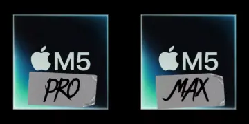 Ilustrasi logo chip Apple M5 Pro dan M5 Max dengan aksen label tempel di atas latar belakang gelap.