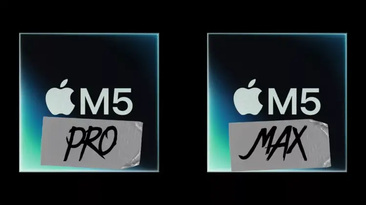 Ilustrasi logo chip Apple M5 Pro dan M5 Max dengan aksen label tempel di atas latar belakang gelap.