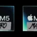 Ilustrasi logo chip Apple M5 Pro dan M5 Max dengan aksen label tempel di atas latar belakang gelap.