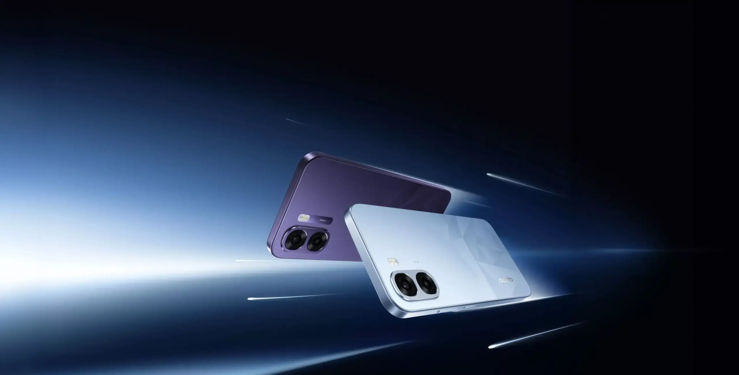 Desain bodi belakang Oppo K14x 5G dalam varian warna ungu dan biru muda dengan modul kamera ganda yang modern.