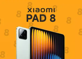 Poster bocoran Xiaomi Pad 8 dengan desain modul kamera belakang ganda dan latar belakang oranye.
