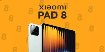 Poster bocoran Xiaomi Pad 8 dengan desain modul kamera belakang ganda dan latar belakang oranye.