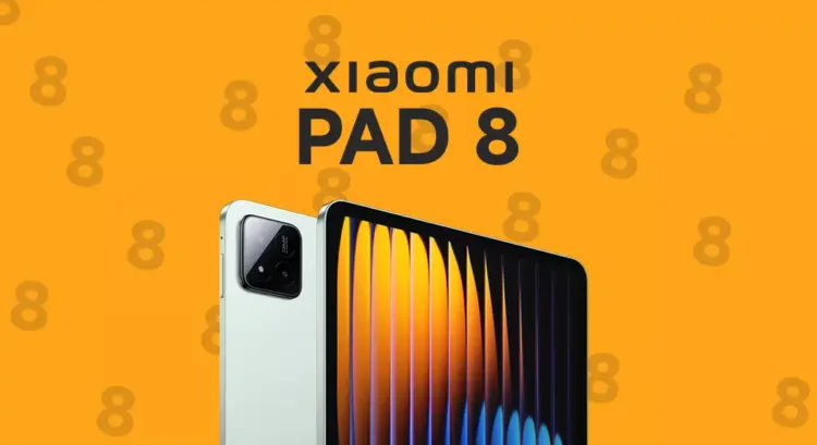 Poster bocoran Xiaomi Pad 8 dengan desain modul kamera belakang ganda dan latar belakang oranye.