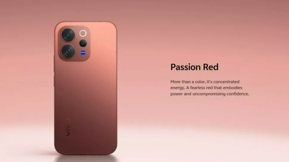 Bocoran desain belakang Vivo V70 Elite varian warna Passion Red dengan modul kamera ZEISS.