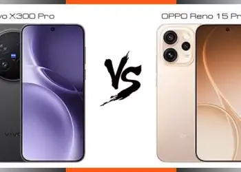 Perbandingan desain depan dan belakang Oppo Reno 15 Pro warna Gold dan Vivo X300 Pro warna Black.
