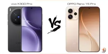 Perbandingan desain depan dan belakang Oppo Reno 15 Pro warna Gold dan Vivo X300 Pro warna Black.