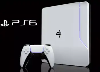 Konsep desain PlayStation 6 berwarna putih dengan kontroler DualSense, menampilkan logo PS6 yang futuristik.