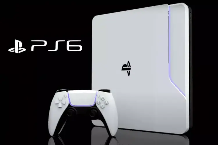 Konsep desain PlayStation 6 berwarna putih dengan kontroler DualSense, menampilkan logo PS6 yang futuristik.