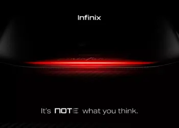 Teaser desain belakang Infinix Note 60 dengan aksen lampu merah futuristik dan tulisan Design by Pininfarina.