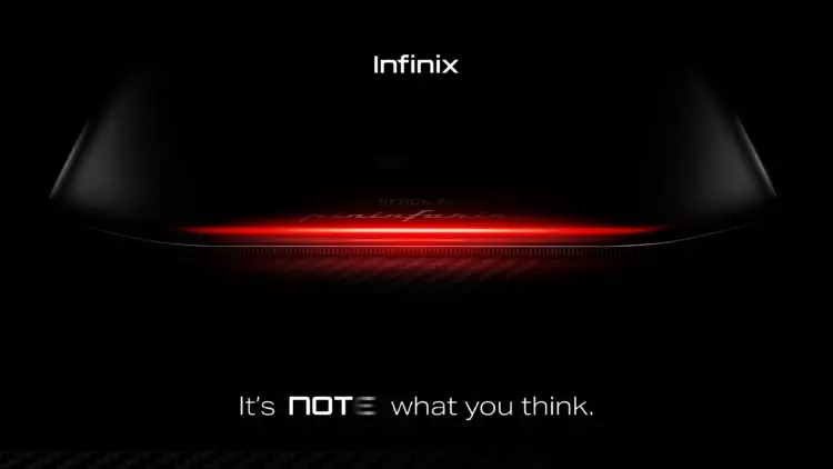 Teaser desain belakang Infinix Note 60 dengan aksen lampu merah futuristik dan tulisan Design by Pininfarina.