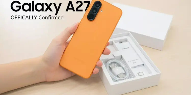 Unboxing Samsung Galaxy A27 5G varian warna orange yang memperlihatkan isi kotak penjualan dan desain bodi belakang yang elegan.