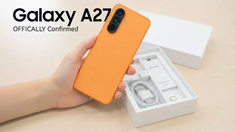 Unboxing Samsung Galaxy A27 5G varian warna orange yang memperlihatkan isi kotak penjualan dan desain bodi belakang yang elegan.