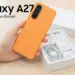 Unboxing Samsung Galaxy A27 5G varian warna orange yang memperlihatkan isi kotak penjualan dan desain bodi belakang yang elegan.