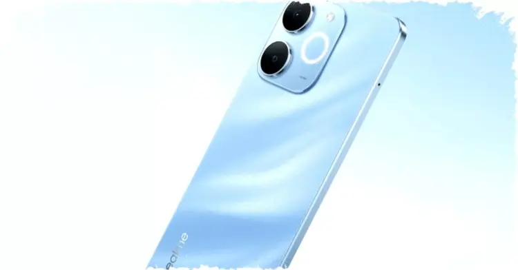Bocoran desain bodi belakang realme P4 Lite 4G warna biru muda dengan tekstur gelombang yang elegan.