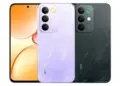 Bocoran desain realme C83 menampilkan layar punch-hole dan bodi belakang motif bulu dalam warna ungu dan hitam.