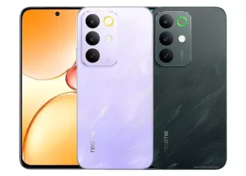 Bocoran desain realme C83 menampilkan layar punch-hole dan bodi belakang motif bulu dalam warna ungu dan hitam.