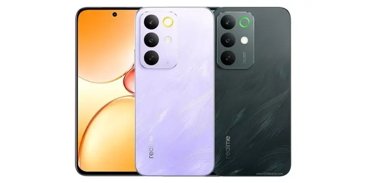 Bocoran desain realme C83 menampilkan layar punch-hole dan bodi belakang motif bulu dalam warna ungu dan hitam.