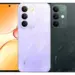 Bocoran desain realme C83 menampilkan layar punch-hole dan bodi belakang motif bulu dalam warna ungu dan hitam.