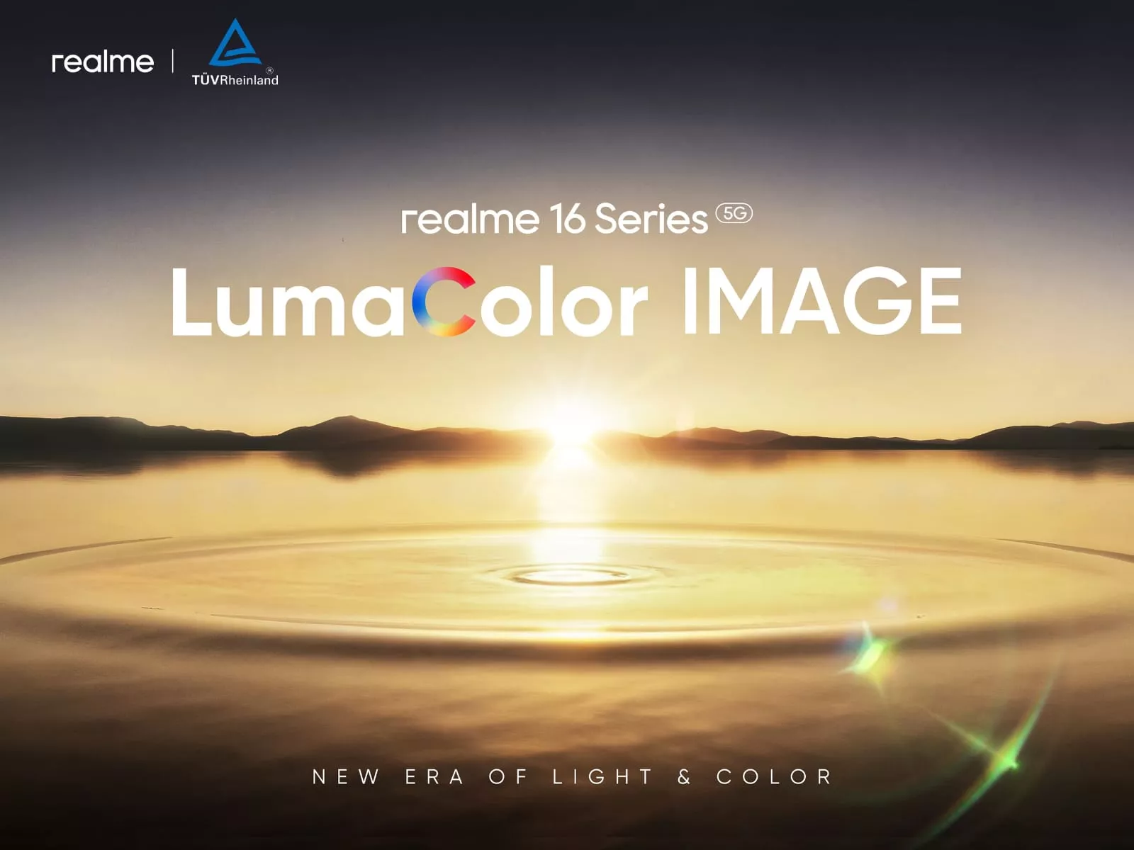 Teaser Realme 16 Series 5G bertajuk LumaColor Image dengan latar belakang matahari terbit di atas air.