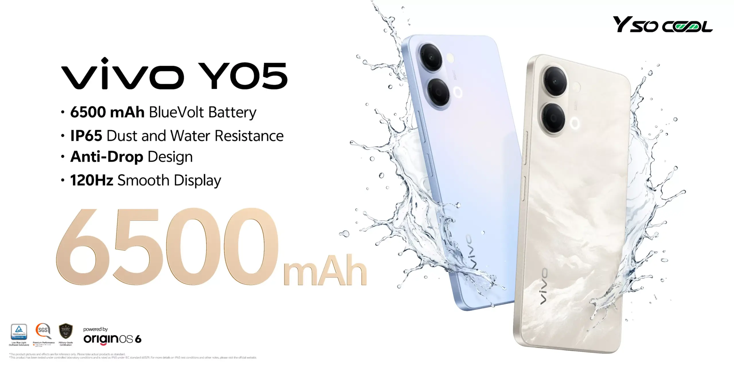 Poster resmi Vivo Y05 yang menampilkan fitur utama baterai 6500 mAh, sertifikasi IP65, desain anti-drop, dan layar 120Hz.