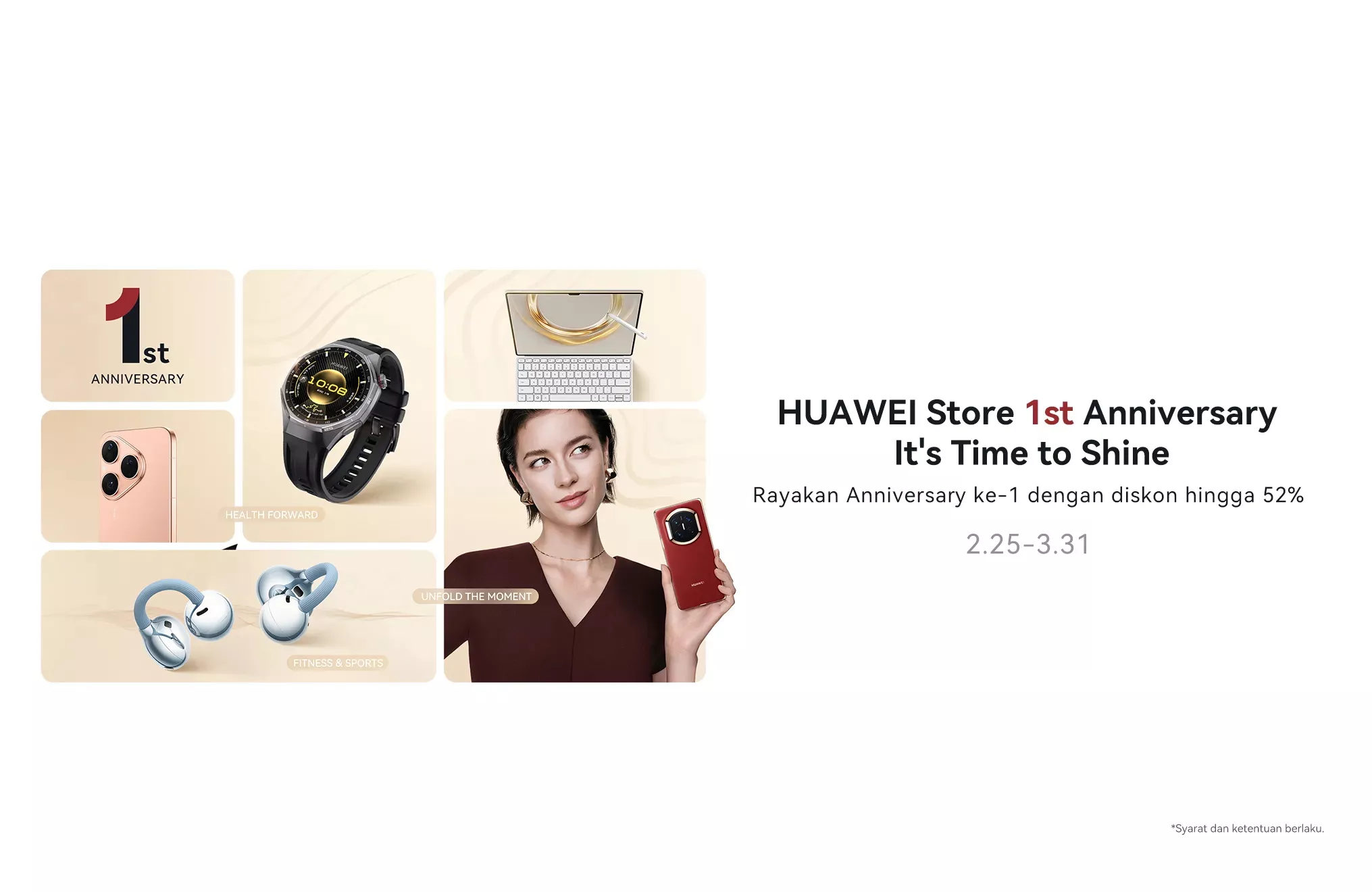 HUAWEI Mate X7 warna biru berdiri menunjukkan estetika desain simetris.