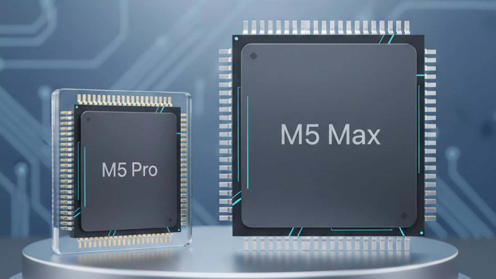 Perbandingan fisik komponen hardware chip Apple M5 Pro dan M5 Max dalam bentuk rendering 3D.