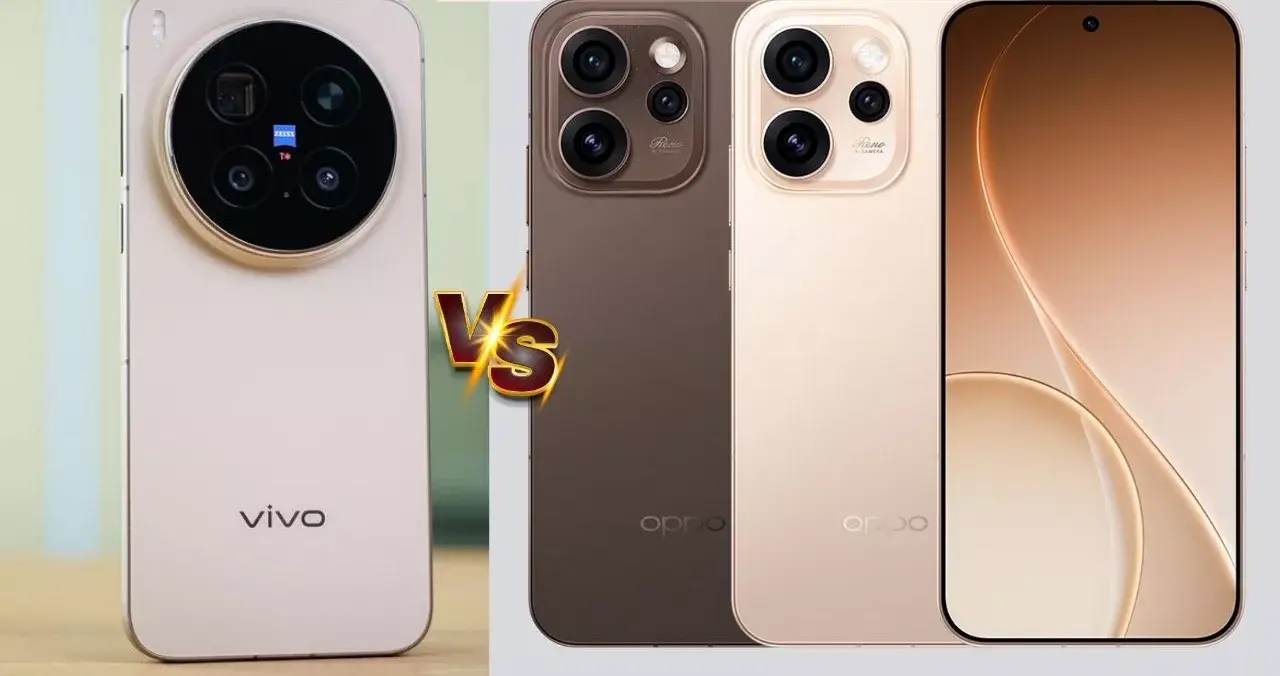 Pilihan warna Oppo Reno 15 Series (Brown dan Gold) bersanding dengan Vivo X300 Pro (White).