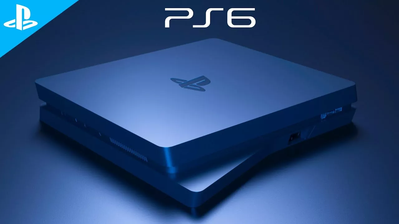 Render PlayStation 6 berwarna biru metalik dengan desain bodi yang lebih ramping dan minimalis.