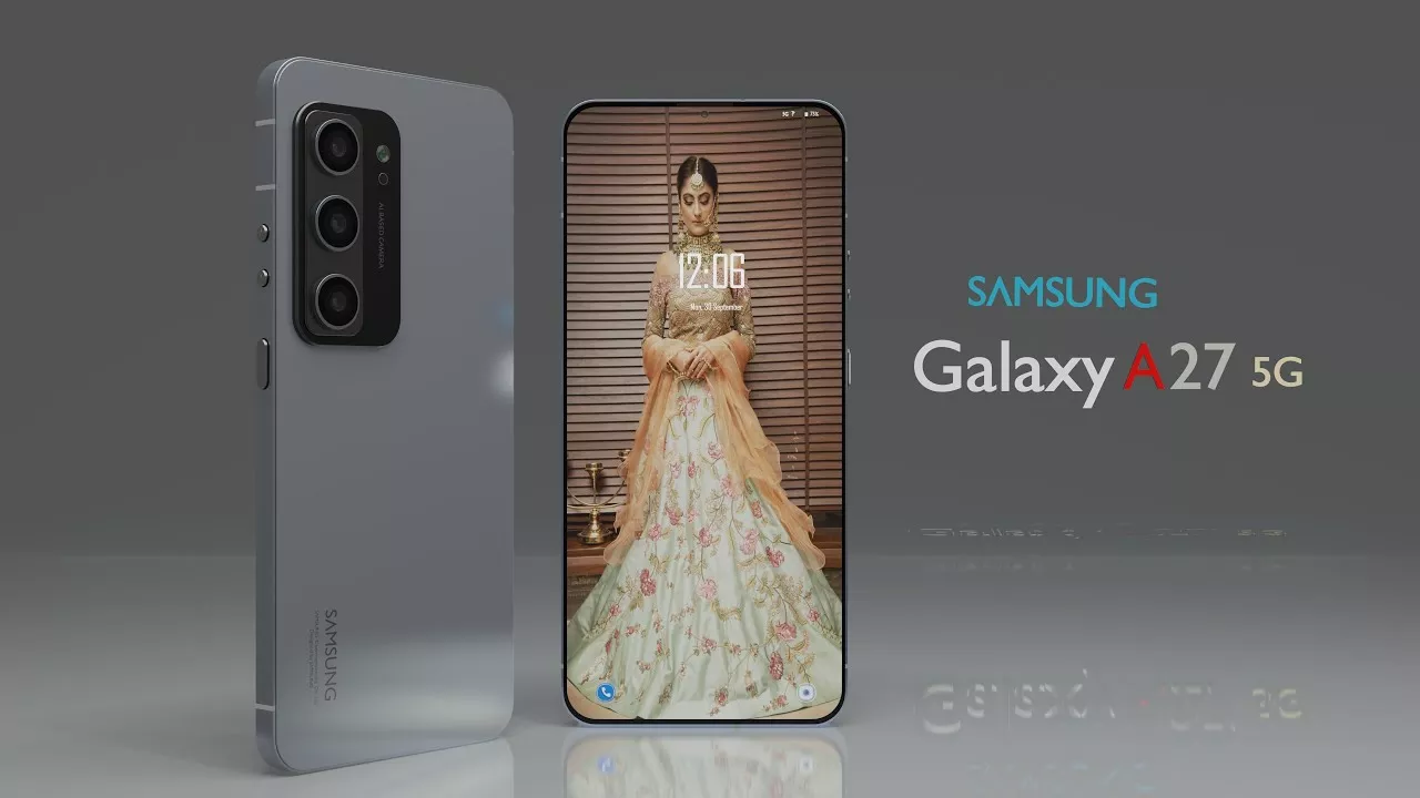Render Samsung Galaxy A27 5G warna silver dengan tampilan layar depan bezel-less yang sangat tipis dan modul kamera belakang yang modern.
