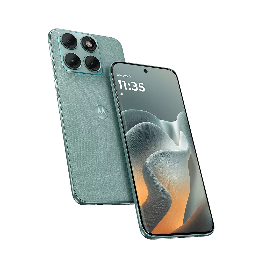 Tampilan depan dan belakang Motorola Edge 70 Fusion warna hijau mint dengan tekstur bodi unik.