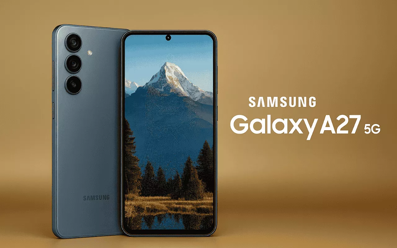 Samsung Galaxy A27 5G warna abu-abu gelap bersanding dengan tampilan layar yang menunjukkan wallpaper pemandangan gunung.