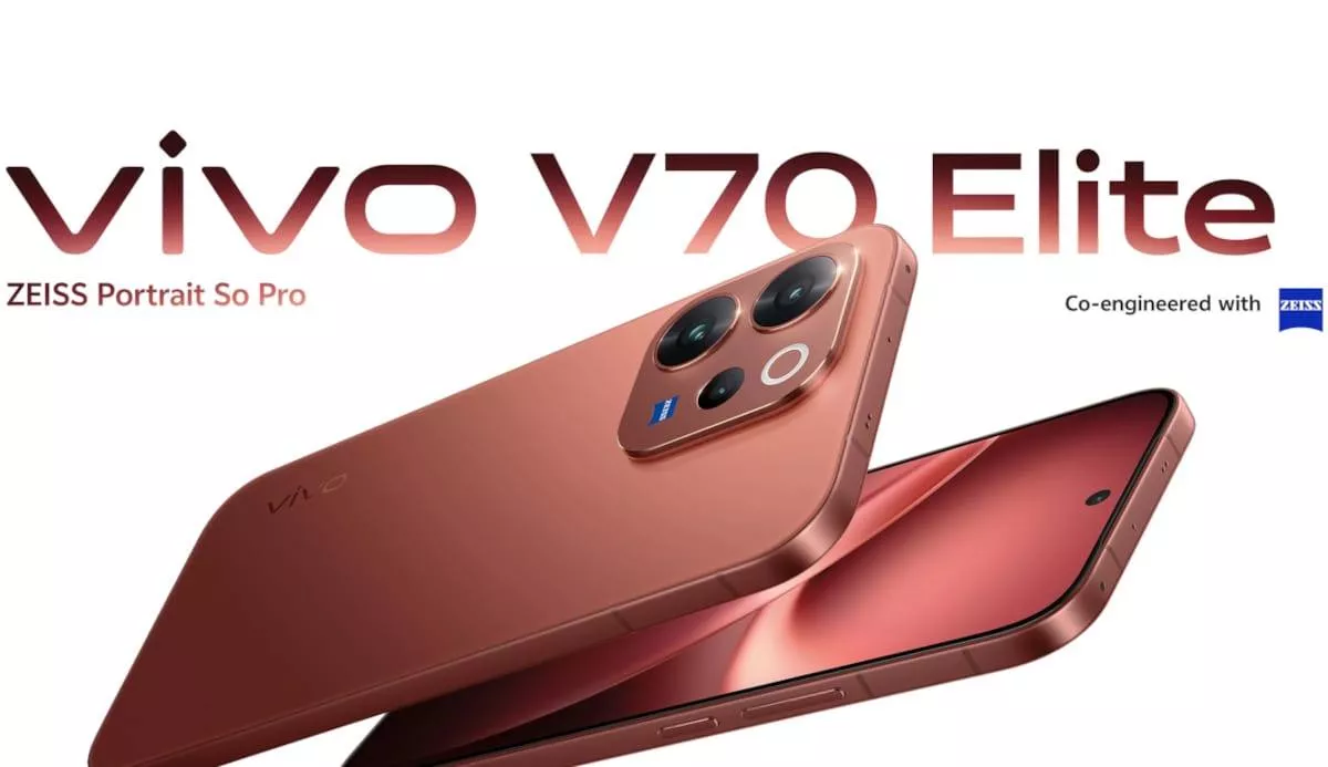 Perbandingan pilihan warna Vivo V70 dan V70 Elite, tersedia dalam warna Gradient Blue dan Magic Black.