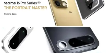 Detail modul kamera Realme 16 Pro Series 5G yang mewah dengan desain melingkar dan teks "The Portrait Master".