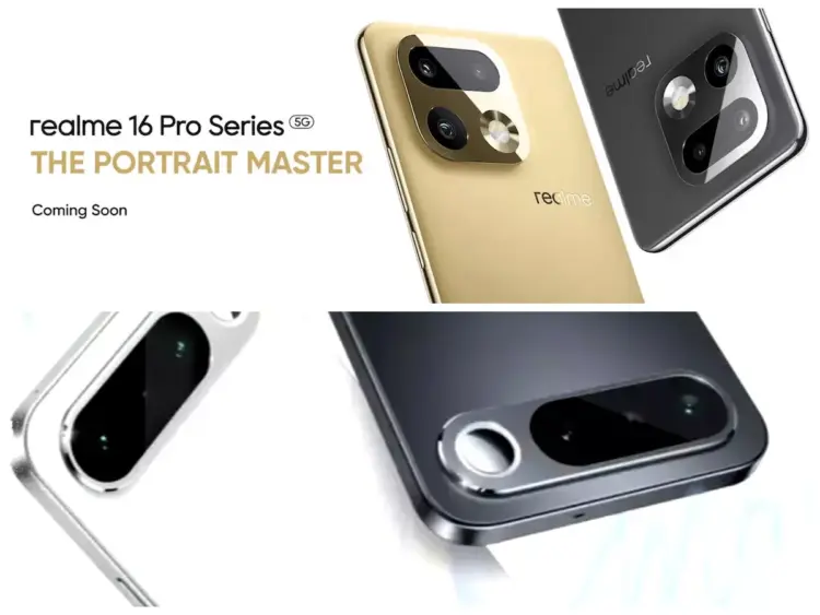 Detail modul kamera Realme 16 Pro Series 5G yang mewah dengan desain melingkar dan teks "The Portrait Master".