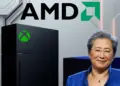 CEO AMD Lisa Su memegang chip prosesor di samping ilustrasi konsol Xbox terbaru yang dijadwalkan rilis 2027.