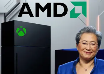 CEO AMD Lisa Su memegang chip prosesor di samping ilustrasi konsol Xbox terbaru yang dijadwalkan rilis 2027.