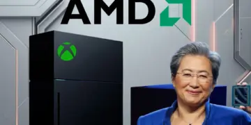 CEO AMD Lisa Su memegang chip prosesor di samping ilustrasi konsol Xbox terbaru yang dijadwalkan rilis 2027.