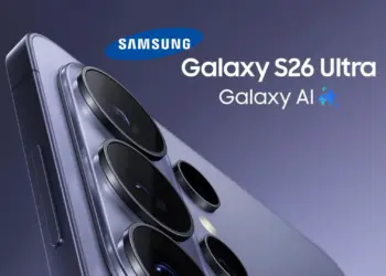 Bocoran poster resmi Samsung Galaxy S26 Ultra warna ungu menampilkan desain modul kamera baru tiga tingkat yang menyatu dengan dukungan fitur Galaxy AI.