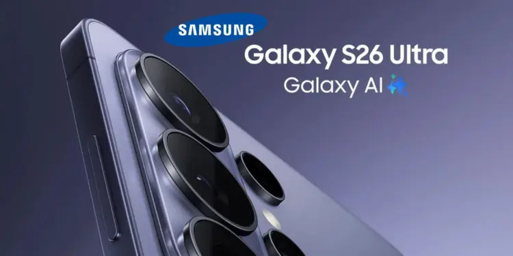 Bocoran poster resmi Samsung Galaxy S26 Ultra warna ungu menampilkan desain modul kamera baru tiga tingkat yang menyatu dengan dukungan fitur Galaxy AI.