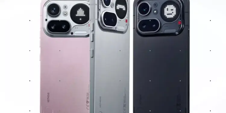 Tiga unit Nothing Phone 4a Pro dalam varian warna Pink, Abu-abu, dan Hitam menunjukkan desain modul kamera belakang yang unik dengan layar dot matrix.