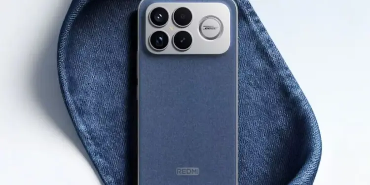 Tampilan close-up panel belakang Redmi K90 Ultra berwarna biru denim, menonjolkan modul kamera besar dengan empat lensa dan grill kipas pendingin aktif berwarna perak, sebagian tertutup kain biru.