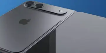 Bocoran desain modul kamera iPhone Fold dengan bodi titanium abu-abu gelap yang elegan.