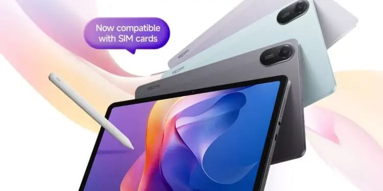 Poster promo Redmi Pad 2 4G varian warna Grey, Mint, dan Silver dengan dukungan SIM Card dan Stylus Pen.