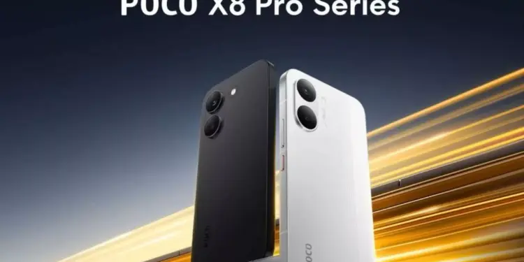 Desain bodi belakang POCO X8 Pro Series varian warna hitam dan putih dengan modul kamera ganda yang elegan.