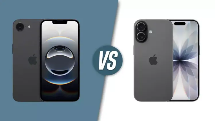 Perbandingan sisi depan dan belakang iPhone 17e vs iPhone 17 dalam varian warna hitam.